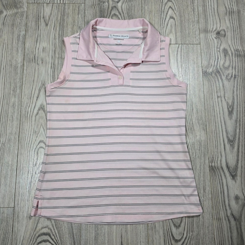 Pebble Beach Performance Pink Striped Sleeveless Polo - Medium